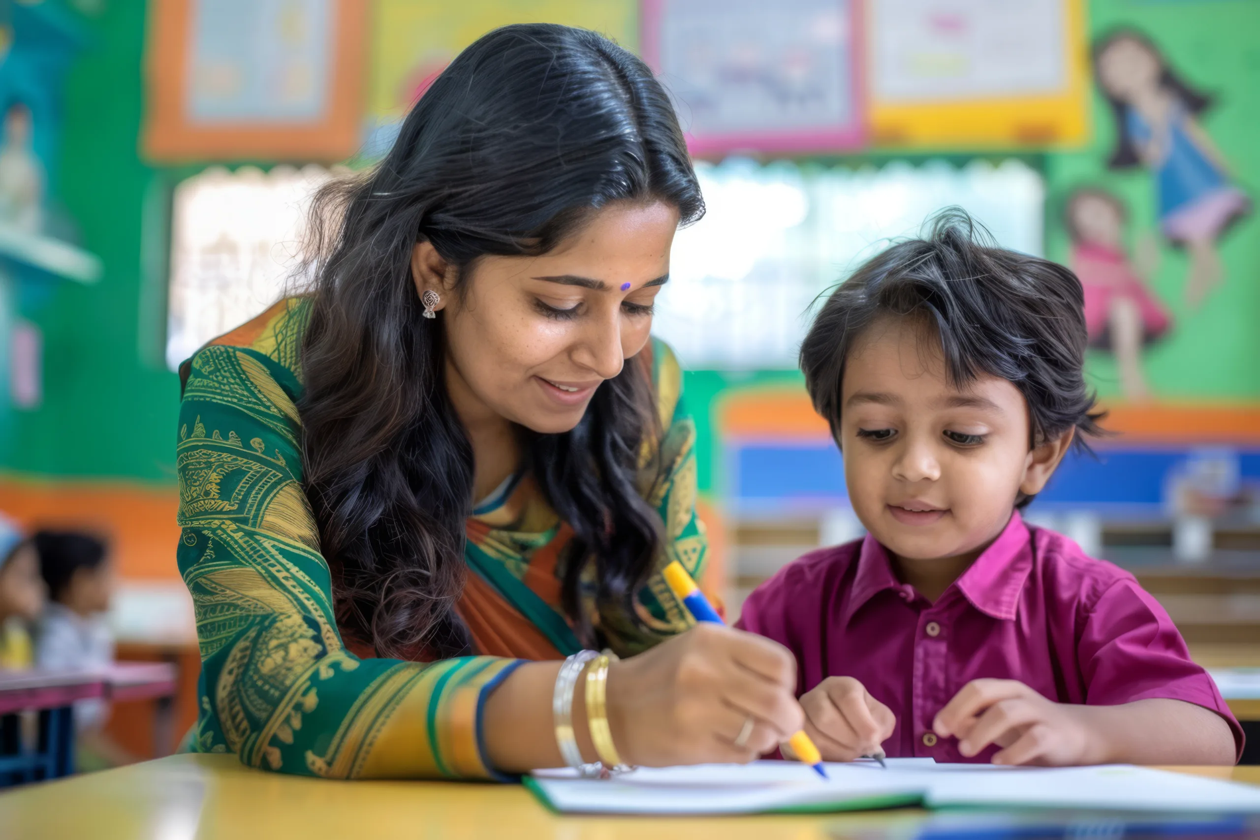 Teacher Assisting Young Student with Drawing