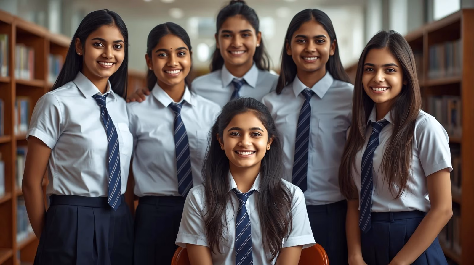 Create a realistic, well-lit image of a group of Indian students of grade 10th standing or sitting together in a school library. They are wearing neat school uniforms — white shirts with blue ties a