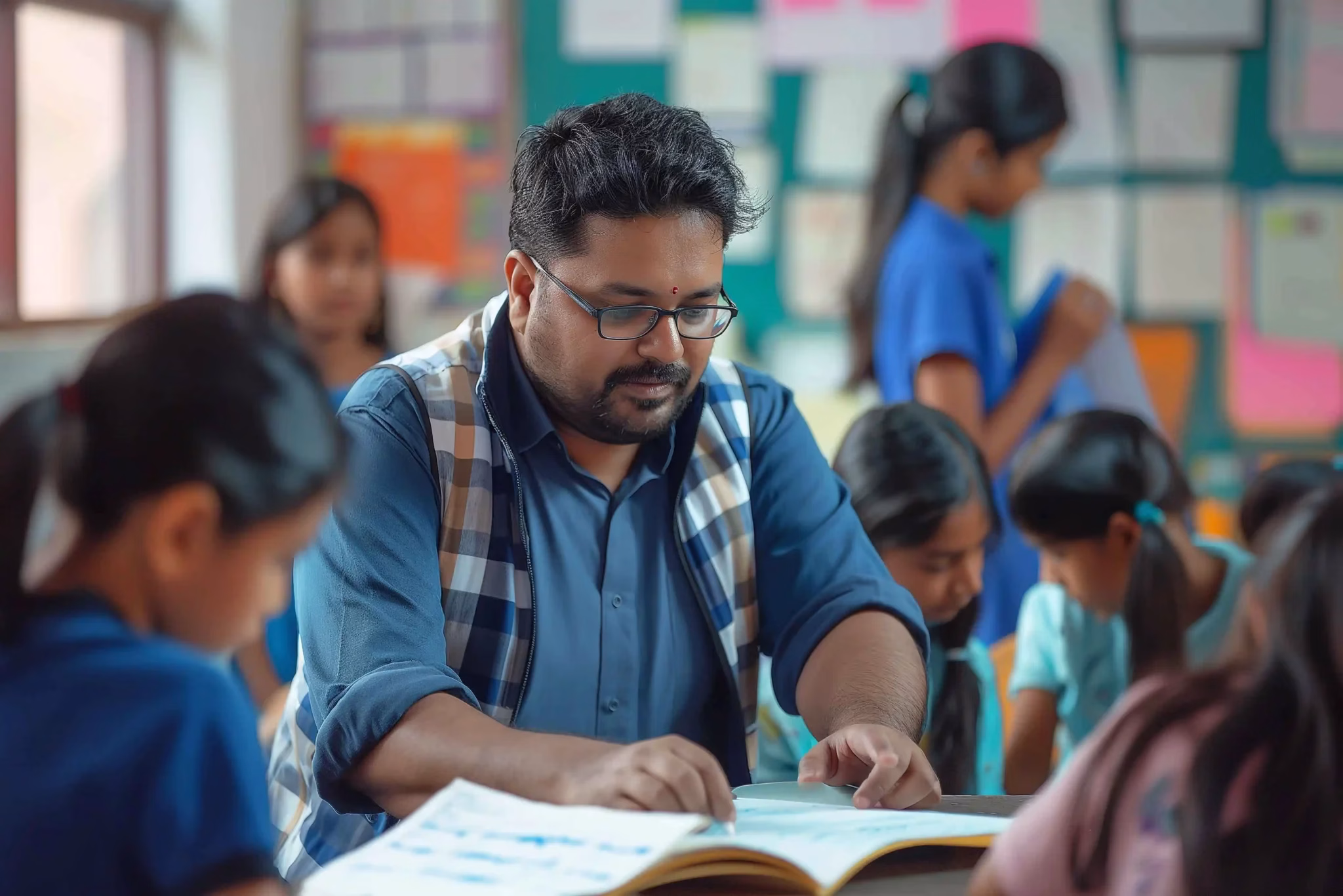 Teacher assisting students in classroom.
