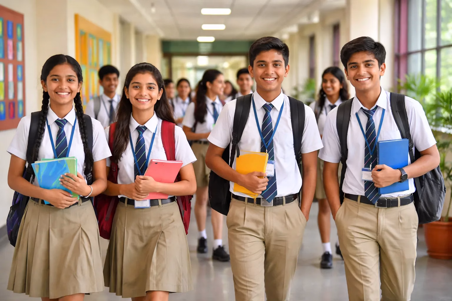 Students walking in school hallway.