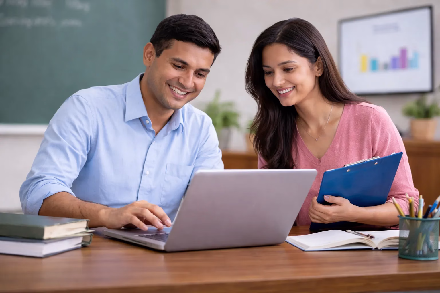 Two people collaborating on a laptop
