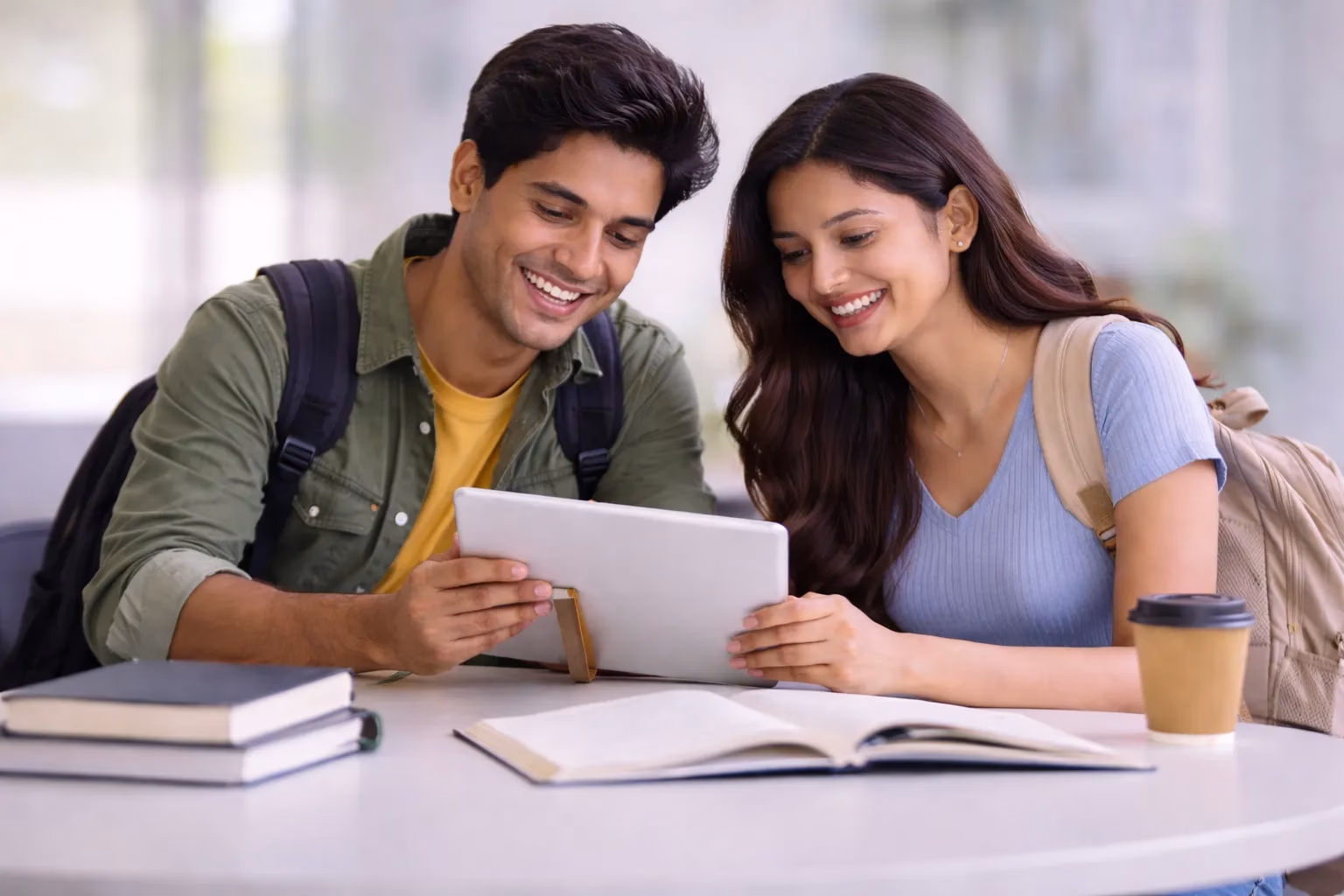 Two students studying together, smiling.